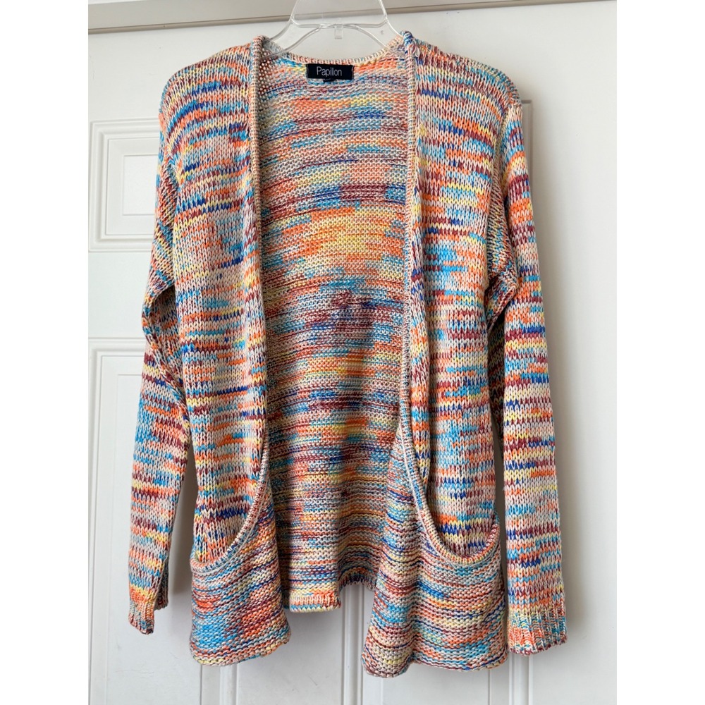 Papillon Rainbow Knit Open Front Cardigan Boho Space Dye Slouchy Sweater Sz L